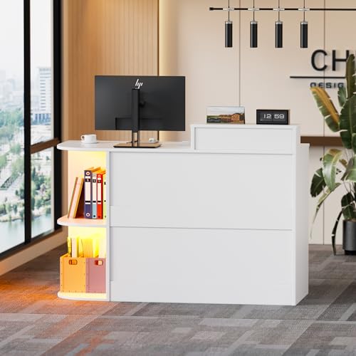 PAKASEPT Reception Desk with Counter for Retail & Checkout,Modern Reception Counter with LED Lights,Drawers,Open Shelves,Retail Counter with Storage for Countertop,Beauty Salon,Shop,Bar(White Small)