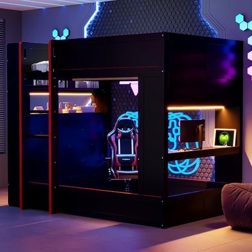 RUNNA Full Size Wood Gaming Bunk Bed with Desk, Storage Shelves, LED and Charging Station, Study & Play Space for Kids & Teens RUNNA