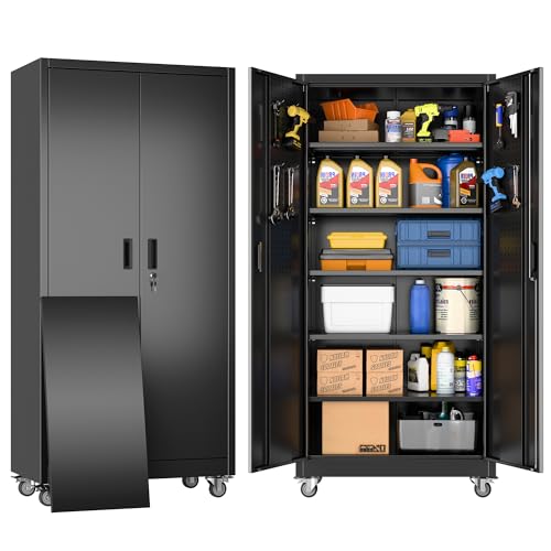 SUXXAN Metal Garage Storage Cabinet with Wheels and Pegboard, 71'' x 34'' x 18'' Lockable Rolling Steel Cabinet with 5 Adjustable Shelves and Door for Garage, Office, Kitchen, Assembly Required SUXXAN