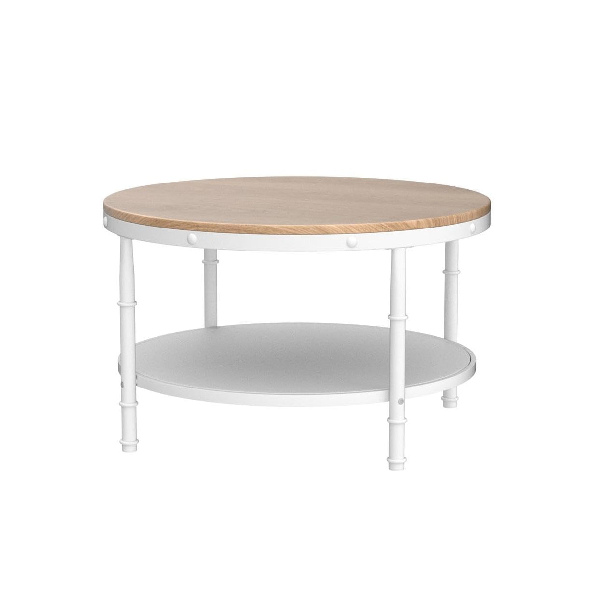 VINGLI 31.5" Natural White Round Farmhouse Coffee Table, 2-Tier Storage Wood Center Circle Accent Table for Living Room, Bedroom, Apartment, Studio and Small Spaces, Sturdy Metal Frame, Natural Color VINGLI