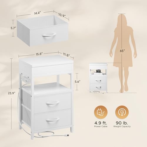Nightstand Bedside Table Hidden Drawer - Night Stand with Charging Station and Sliding Top Storage, Bed Side Table with 2 Fabric Drawers, Modern Nightstand for Bedroom Dorm Living Room, White Lazzanto