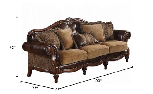 Acme Dreena Rolled Arm Upholstered Faux Leather Sofa with 5 Pillows in Brown Acme