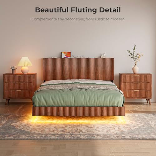 Evermagin Walnut Queen Floating Bed Frame with Headboard, Mid Century Modern Fluted Platform Bed with LED Lights, Heavy Duty Floating Bedframe with Charging Station, No Box Spring Needed Evermagin