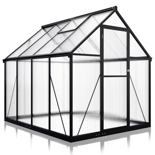 VIWAT 6x7.5 FT Greenhouse for Outdoors, Polycarbonate Greenhouse with Quick Setup Structure and Roof Vent, Aluminum Large Walk-in Greenhouse for Outside Garden Backyard, Black VIWAT