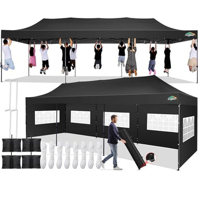 COBIZI 10x30 Pop up Canopy Tent 10x30 Canopy with 8 Sidewalls Waterproof Heavy Duty Commercial Tent for Parties Outdoor Garden Gazebo, Carry Bag with Wheel(10x30ft, Black)