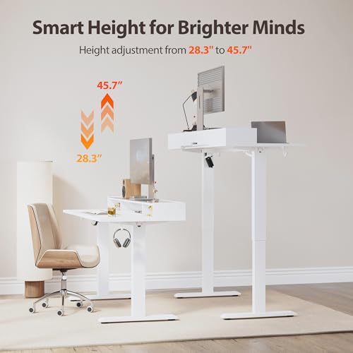 Agilestic Glass Standing Desk with Storage, 48 Inch Electric Adjustable Desk with Glass Shelf, Sit Stand Up Home Office Computer Table, Splice Board, White Agilestic