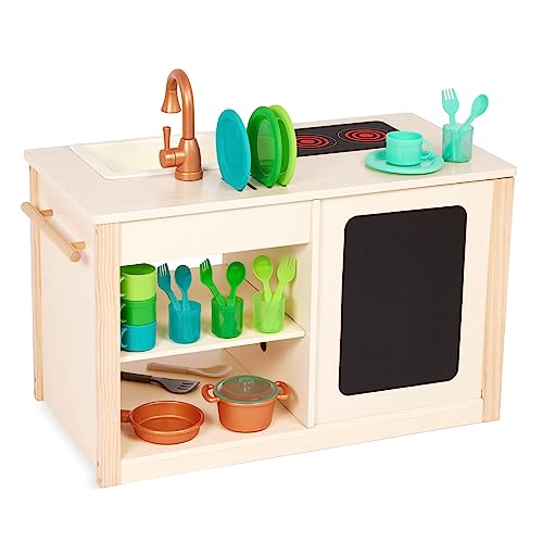 Battat – Play Kitchen & Market – Toddler-Friendly Size – Chalkboard Menu & Oven Dials – 25 Toy Cooking Accessories – 2 Years + – Two n' One Cookin' Fun Battat