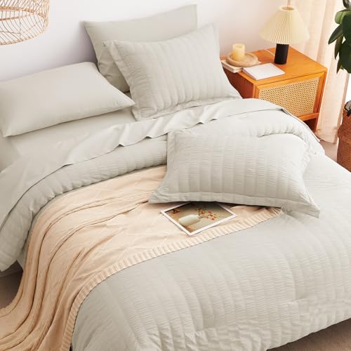 CozyLux King Size Comforter Set Oatmeal Seersucker 7 Pieces Bed in a Bag King Comforter Set with Sheets, Luxury Bedding Set with Down Alternative Comforter, Sheets, Pillowcases & Shams All Seasons CozyLux