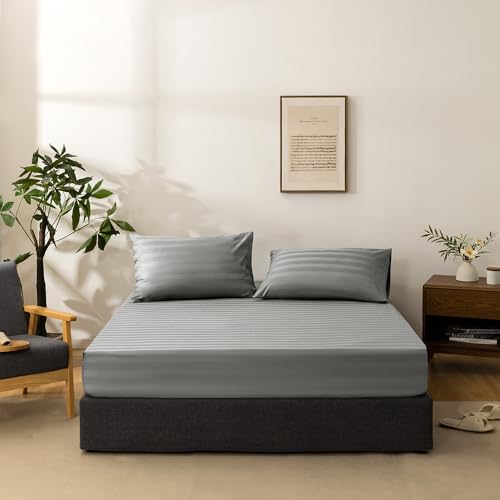 NookZuzu 3 Piece Cotton Stripe Fitted Sheet and Pillowcase Set,Including 1 Full Gray Fitted Sheet & 2 Pillowcase Set,Organic Cotton Deep Pocket Fitted Sheet,NO Flat Sheet Included,Soft and Cooling NookZuzu
