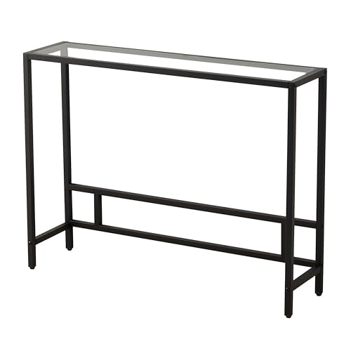 MAJARO Small Modern Console Table for Entryway, Tempered Glass with Metal Frame Sofa Table for Living Room, Hallway, Office (Single-Layer, Black) MAJARO