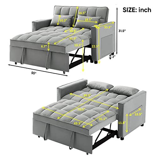 Antetek 3 in 1 Convertible Sleeper Sofa Bed, Modern Velvet Loveseat Futon Couch w/Pullout Bed, Small Love Seat Lounge Sofa w/Reclining Backrest, Toss Pillows, Pockets, Furniture for Living Room, Grey Antetek