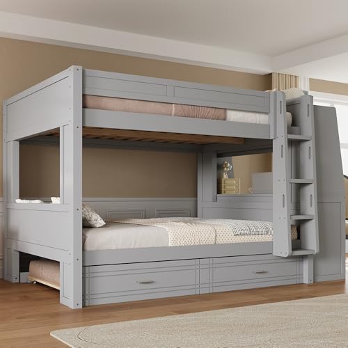 Merax Full Over Full Size Multifunctional Bunk Bed with Trundle, Desk, Bookshelves, Modern Loft Bed Frame with Ladder, Storage Shelves, and Guardrail for Teens, Gray Merax