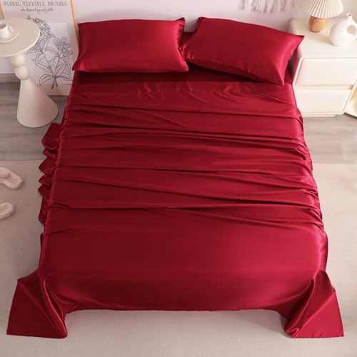 NTBAY Silk Satin King Sheet Set, 4-Piece Luxury and Soft Bedding Set Cooling Silky Sheets for Hair and Skin, Includes 2 Pillowcases, 1 Flat Sheet, 1 Fitted Sheet with Deep Pocket, Wine Red NTBAY