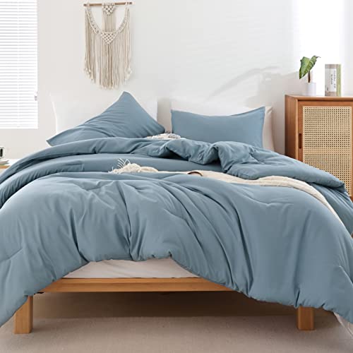 ROSGONIA Dusty Blue Comforter Set Queen, 3pcs(1 Boho Blue Comforter & 2 Pillowcases) All Season Soft Bedding Lightweight Bedspread Blanket Quilt ROSGONIA