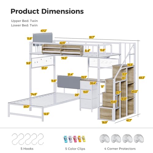 Kikihouse Twin Over Twin Loft Bunk Bed with Desk, Stairs, Drawers & Storage Shelves, L-Shaped Metal Bunk Bed with Charging Station & LED Light for Kids, Teens, Adults (Twin Over Twin) Kikihouse
