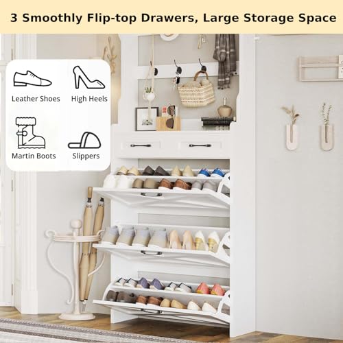IRONCK Shoe Cabinet with 3 Flip Drawers & Coat Rack, Freestanding Wood Shoe Storage Organizer for Entryway, Hidden Narrow Shoe Rack Cabinet Organizer for Hallway Living Room, 2 in 1 Hall Tree White IRONCK