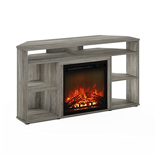 Furinno Jensen Corner TV Stand with Fireplace for TV up to 55 Inches, French Oak Grey Furinno