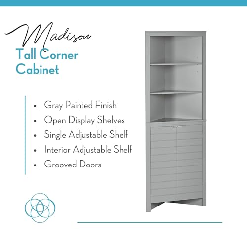 RiverRidge Madison Bathroom Corner Storage Cabinet with Open Shelves and Cupboard Tall Corner Storage Bathroom Furniture Dresser Curio Cabinet RiverRidge