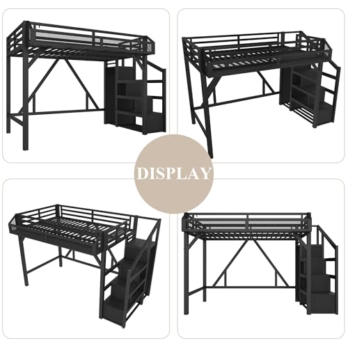 Bellemave Twin XL Loft Bed with Storage Stairs, Shelves & Wardrobe, Twin XL Metal Loft Bed Frame with LED Lights & USB Ports for Kids Teens, Noise-Reduced Design, Black Bellemave