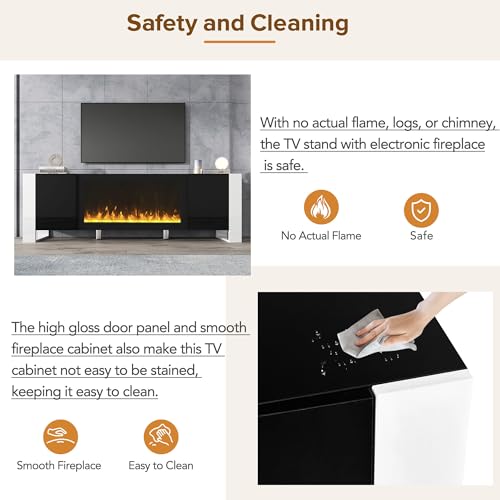 Modern TV Stand with 34.2" Non-Heating Electric Fireplace, High Gloss Entertainment Center with 2 Cabinets, Media Console for TVs up to 78" QSOSTNS