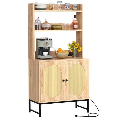 DWVO Oak Microwave Stand Bakers Rack with Power Outlet and Storage Cabinet DWVO