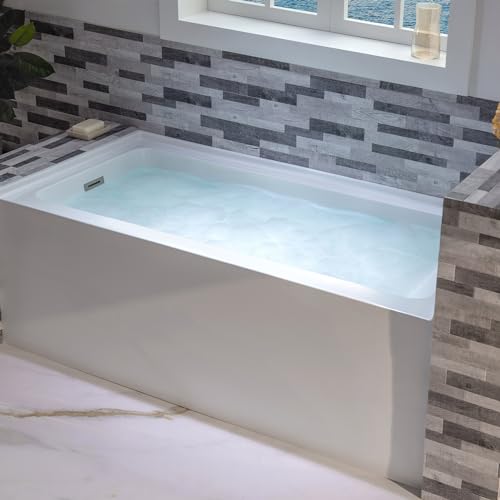 WOODBRIDGE 60" Acrylic Rectangular Alcove Soaking Bathtub in White with Left Drain, Brushed Nickel pop-up Drain Included, LB428-L WOODBRIDGE
