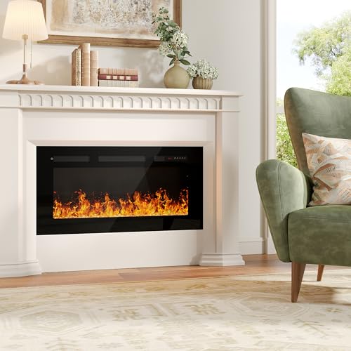 36" Electric Fireplace Insert, Wall Fireplace Electric with Remote Control, 12 Adjustable Flames, Freestanding/Wall Mounted/Recessed, 750/1500W Fireplace Insert, Timer, Ultra-Thin Design Vabches