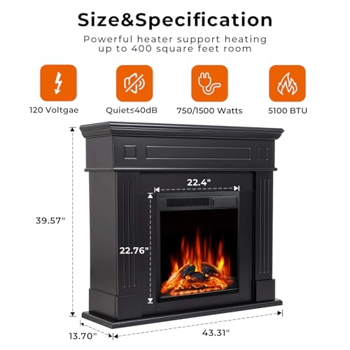 43” Electric Fireplace Mantel Freestanding Electric Fireplace, Remote Control, Adjustable Led Flame, 750W/1500W Black Electactic