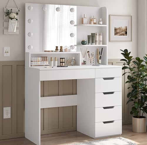 Diwnnue Vanity Desk with LED Lighted Mirror, Makeup Vanity Table Set with 6 Drawers, Adjustable Lights, Hidden Wiring, Dressing Table for Bedroom, White Diwnnue