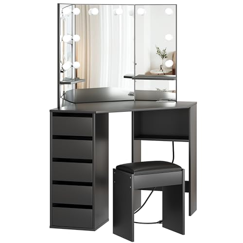 Garvee Corner Vanity Desk and Bench, Makeup Vanity Table with 3-Folding Lighted Mirrors, Charging Station, 5 Drawers for Bedroom Garvee
