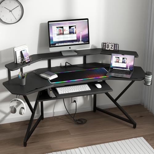 Auromie 72" Gaming Desk with Power Outlet & Led Strip, Large Wing-Shaped Computer Desk w Monitor Stand & Keyboard Tray & RGB Mouse Pad, Studio Desk w Storage Shelf Headphone Hook Cup Holder Auromie