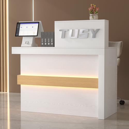 TUSY 42.2" H Modern Reception Desk with Drawer - Small Front Desk with Adjustable LED Light, Reception Room Table with Built-in USB Outlet for Office, Salon, Lobby (47.2" W x 19.69" D x 42.2" H) TUSY