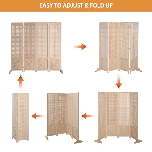 VINGLI Freestanding Pegboard with Support Feet, 5 FT Wood Room Divider Display Board Organizer, Folding Privacy Screen Partition Space Separator for Craft Shows Events Retail (Natural, 4 Panel) VINGLI