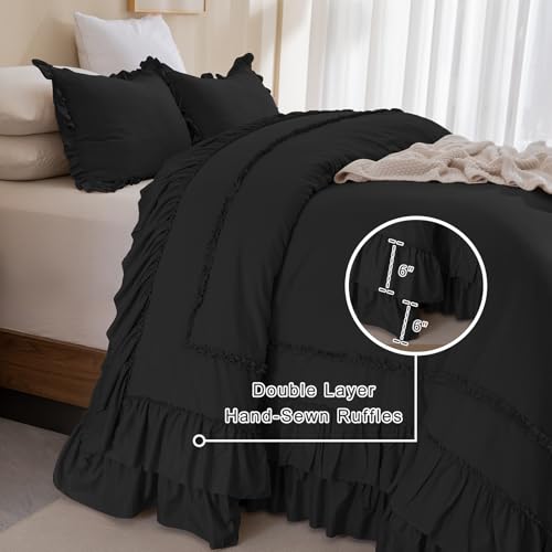 QSH Oversized King Comforter 128x120,3PCs Black Farmhouse Lightweight Ruffled Bedding Comforter Set Shabby Boho Chic California King Bed Comforter Set French Country Soft Microfiber Fluffy Bed Set QSH