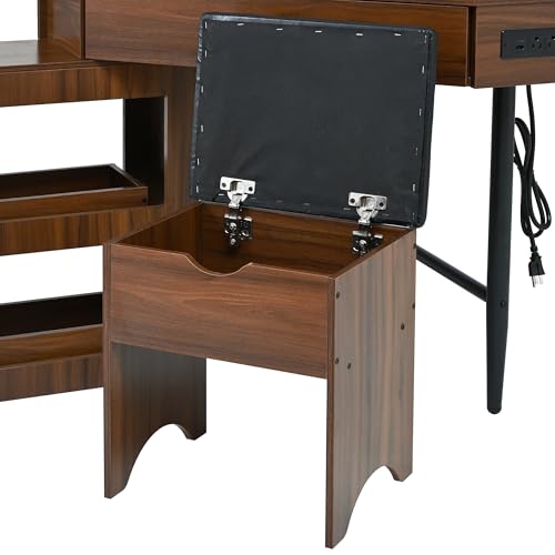 XD Designs Corner Vanity Desk Set with Storage Cushioned Stool, Triangle Makeup Desk with Removable Pull-Out Side Cabinet, Visible Glass Tabletop, Drawer and Charging Station (Walnut-9.8) XD Designs