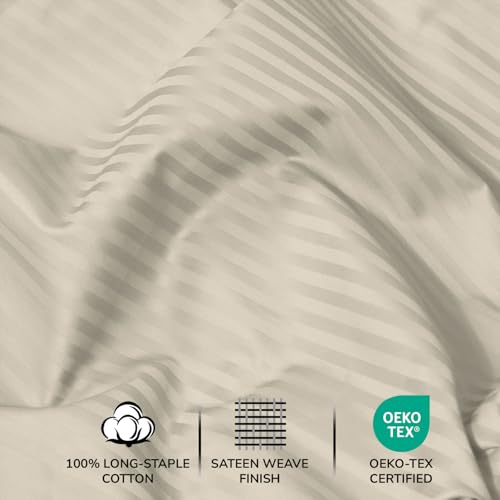Feather & Stitch 500 TC King Size Damask Bed Sheet Set, 100% Cotton Soft Breathable Bedsheets, 4 Piece 18" Deep Pockets Sateen Weave Striped Bedding Mattress Resort Hotel Luxury- (Beige Stripe)