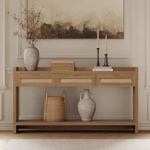 SICOTAS 60" Rattan Console Table for Entryway - Farmhouse Entry Table Sofa Table with 3 Drawers, Narrow TV Console Table with Storage for Living Room, Hallway, Couch, Foyer SICOTAS