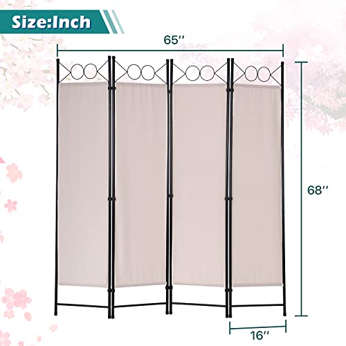 4 Panel Room Dividers Folding Privacy Screens, 68 Inch Tall Steel Frame & Fabric Surface Room Seperating Wall Divider, Portable Freestanding Room Partitions for Living Room Bedroom, Tan Dkelincs
