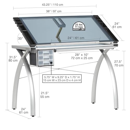 SD STUDIO DESIGNS Futura Crafting, Drafting, Drawing Adjustable Top Hobby Table Writing Studio Art Desk with Drawers, 38''W x 24''D, Tempered, Silver/Blue Glass SD STUDIO DESIGNS