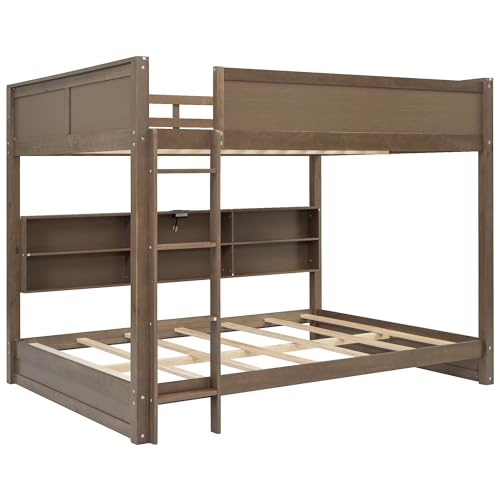 Ball & Cast Queen Over Queen Bunk Bed with 6 Storage Cabinets and USB Ports,Wooden Bedframe w/Ladder & Guardrails,Space Saving,Solid Wood Slats Support,for Student Dorms,Guest Rooms,Espresso Ball & Cast