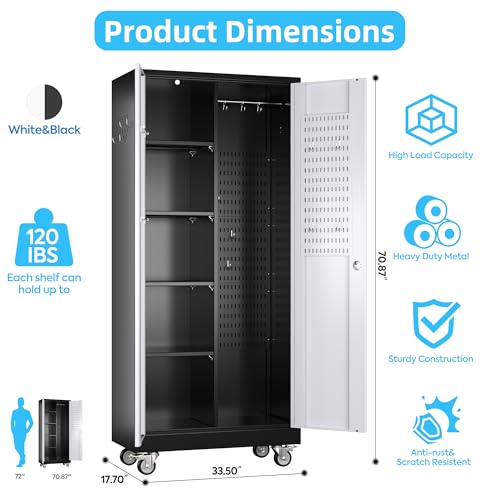 GangMei Metal Broom Closet Storage Cabinet, Garage Storage Cabinet with Wheels, Pegboard, Lockable Doors, 4 Adjustable Shelves for Garage, Home, Black and White, 71" H x 31.5" W x15.75 D GangMei