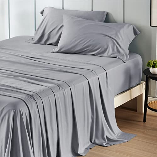 Bedsure Queen Sheet Set, Rayon Derived from Bamboo, Cooling Sheets, Deep Pocket Up to 16", PureWoven, Breathable & Soft, Hotel Luxury Silky Bedding for Hot Sleepers, Silver Grey Bedsure