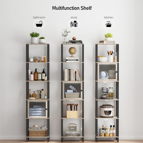 TUTOTAK 6-Tier Greige Narrow Bookcase with Door for Small Spaces TUTOTAK
