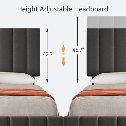 Garvee Queen Size Bed Frame with 4 Storage Drawers, Adjustable Height Headboard, Linen Upholstered Platform Bed Frame, No Box Spring Needed, Easy Assembly, Grey Garvee