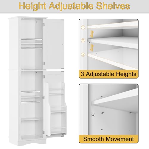 Function Home Tall Bathroom Storage Cabinet, 64" Slim Kitchen Pantry with Door Storage, Narrow Wood Freestanding Cabinets with Adjustable Shelves for Kitchen Living Room Dining Room, White Function Home