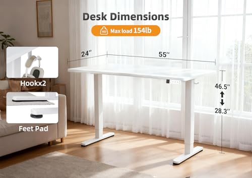 Seang Electric Height Adjustable Standing Desk, 55 x 24 Inch Sit-Stand Desk with T-Shaped Frame, 3 Memory Presets & Cable Management for Home Office Computer Workstation, White Frame/White Top Seang