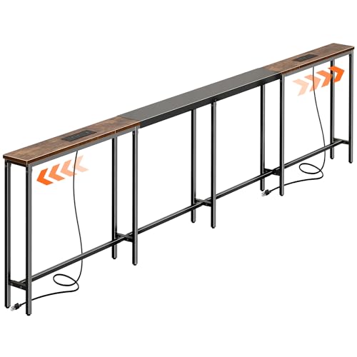Huuger Narrow Sofa Table with 2 Power Outlets, 110.2-157.5 Inch Adjustable Length, Behind the Couch Table with USB-C Port, Long Entryway Console Table, Anti-tip Kit, for Living Room, Rustic Brown Huuger