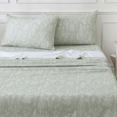 Homilay 100% Natural Cotton Percale Sheets Set,Full Size 4 PC, Breathable&Durable Hotel Quality Bedding, 16" Deep Pocket Botanical Floral Bedsheets,Sage Green