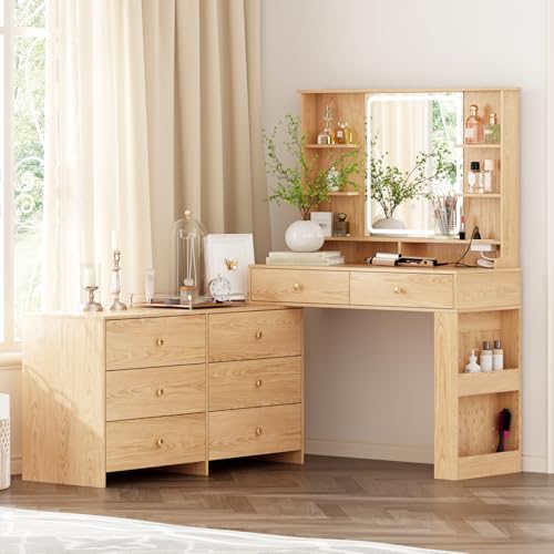 Ieejdn Large Makeup Vanity Desk with Mirror and Lights, Vanity Desk with 8 Drawers & Storage Shelves, Vanity Table with Power Outlet, 3 Color Modes & Adjustable Brightness Dressing Table, Bedroom,Oak Ieejdn
