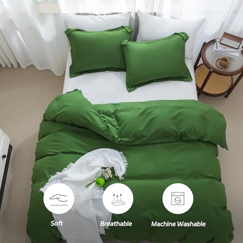 SheRest Olive Green Duvet Cover - Soft Brushed Microfiber, 3 Pieces, 1 Duvet Cover 80x90 Inches with Zipper Closure 8 Ties & 2 Pillow Shams, Breathable Bedding Set for All Season, Full (No Comforter) SheRest